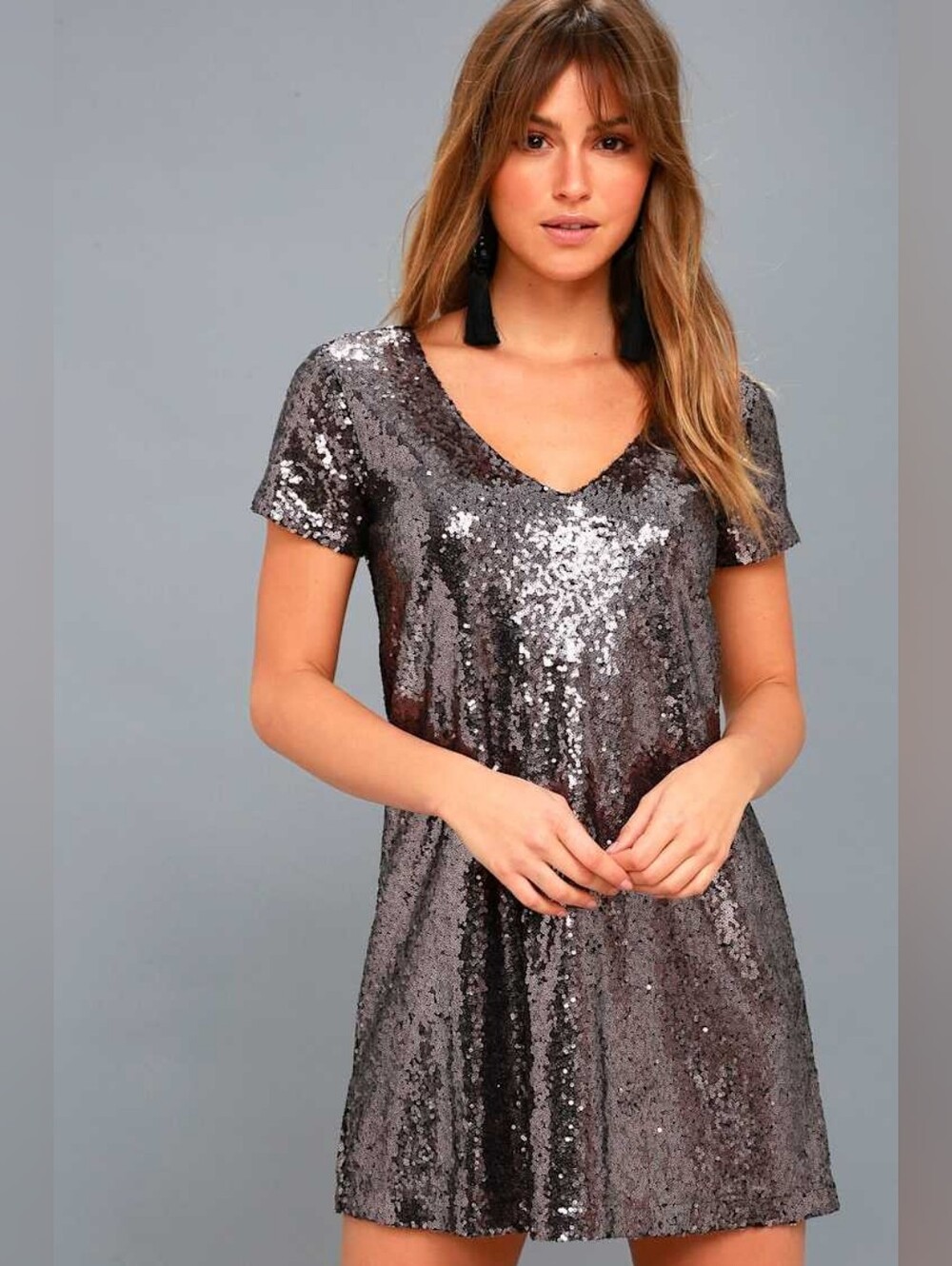 Lulus Light Up The Night Sequin Shift Mini Dress Lavender V Neck NEW Small